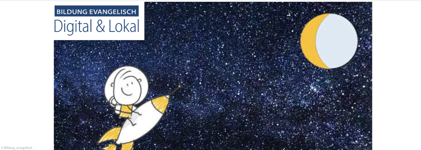 Zeichnung Sternenhimmel, Mensch auf Rakete fliegt zum Mond, Logo "Bildung evangelisch"
