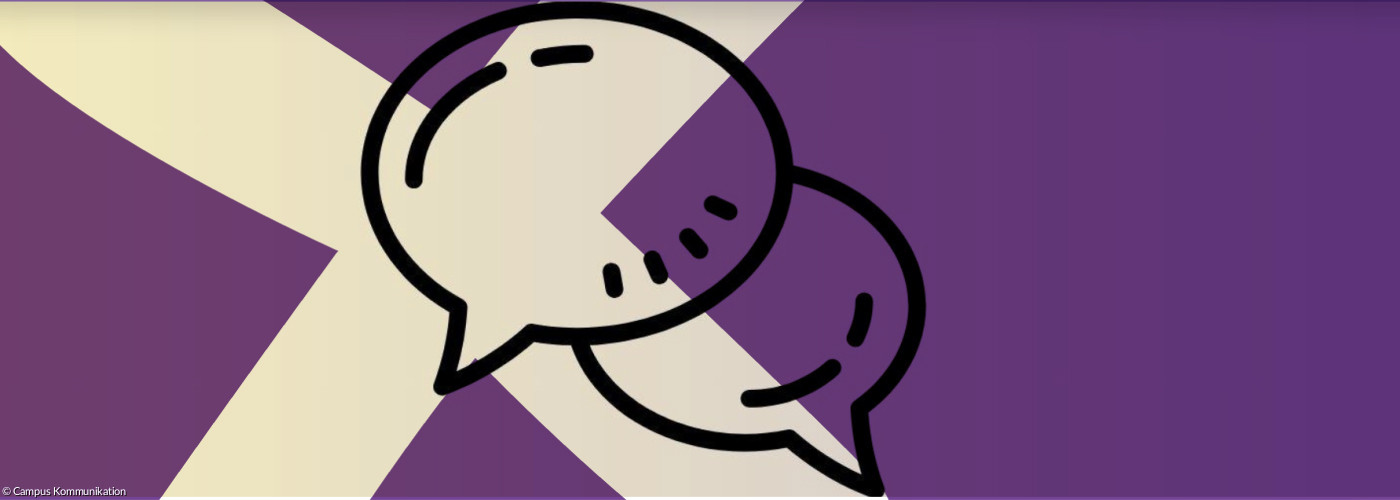 Zwei Sprechblasen vor gelb-rosa verlaufendem Hintergrund