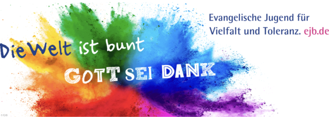 Banner mit regenbogenfarbigen Farbspritzern und Aufschrift: Die Welt ist bunt - Gott sein Dank!
