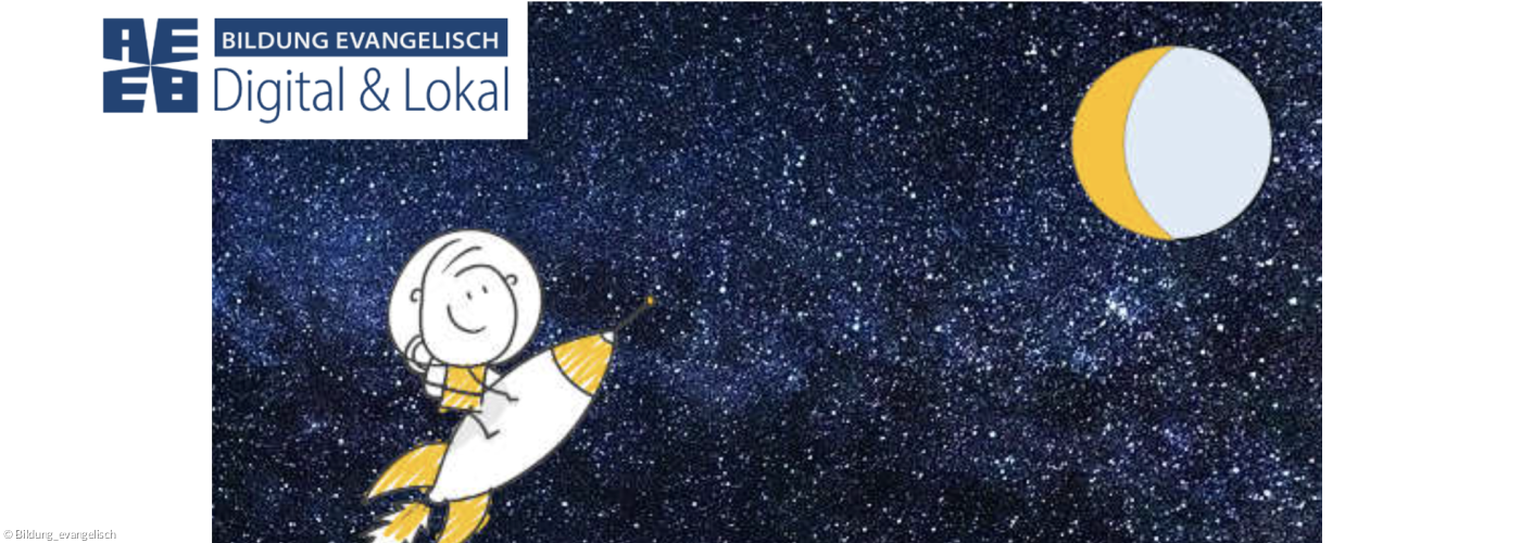 Zeichnung Sternenhimmel, Mensch auf Rakete fliegt zum Mond, Logo "Bildung evangelisch"
