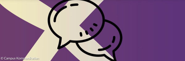 Zwei Sprechblasen vor gelb-rosa verlaufendem Hintergrund