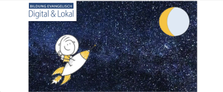 Zeichnung Sternenhimmel, Mensch auf Rakete fliegt zum Mond, Logo "Bildung evangelisch"