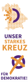 Fahne mit Bayernkarte, Wahlkreuz und Slogan "Unser starkes Kreuz für Demokratie"