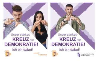 Zwei Uploads: Menschen mit gekreuzten Fingern vorm "Unser starkes Kreuz für Demokratie Background. mit Bildunterschrift: "Ich bin dabei"
