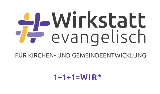 Logo Wirkstatt evangelisch - Kreuz aus gelben und lilafarbenen Fäden